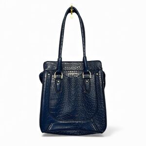 London Fog Dark Blue Crocodile-Pattern Faux Leather Shoulder Bag